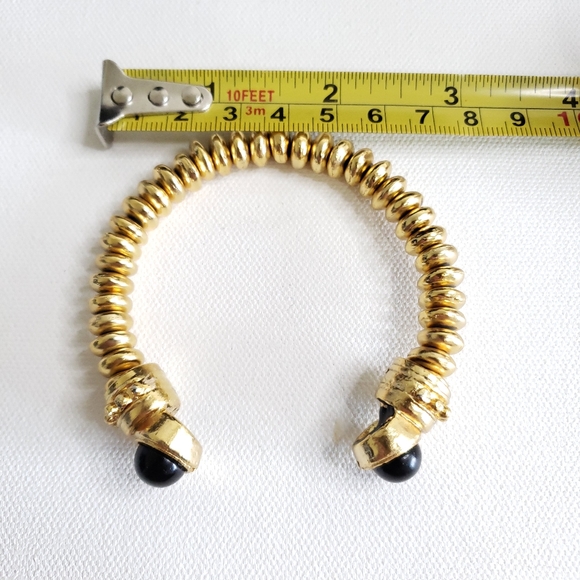 Chunky Vintage Yellow Goldtone Disc Cuff Bracelet w Black Glass Cabochons - Picture 12 of 16